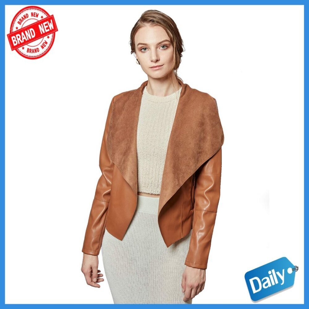 Slim Faux Leather Blazer Jacket Open Front Lapel Zipper Pockets